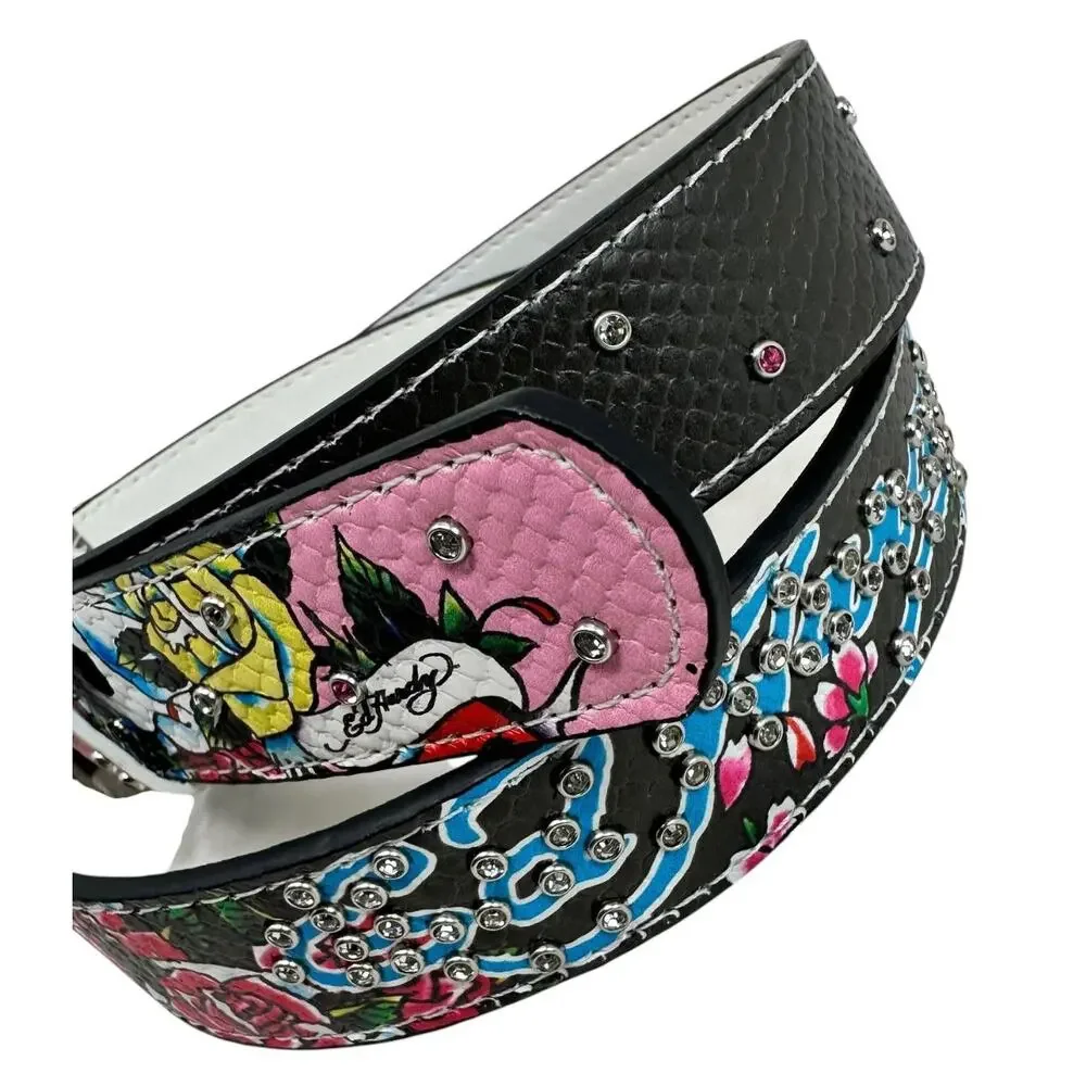 Ed Hardy Women's Rhinestone Skull Printed Dark Pink/Brown Belt